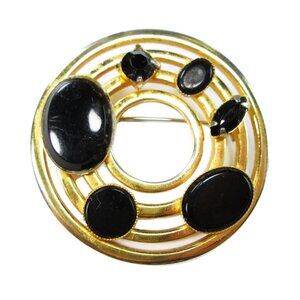 Vtg Round 80s Deco Modernist Black Onyx Cabochon Ring Circle Gold Brooch 90s